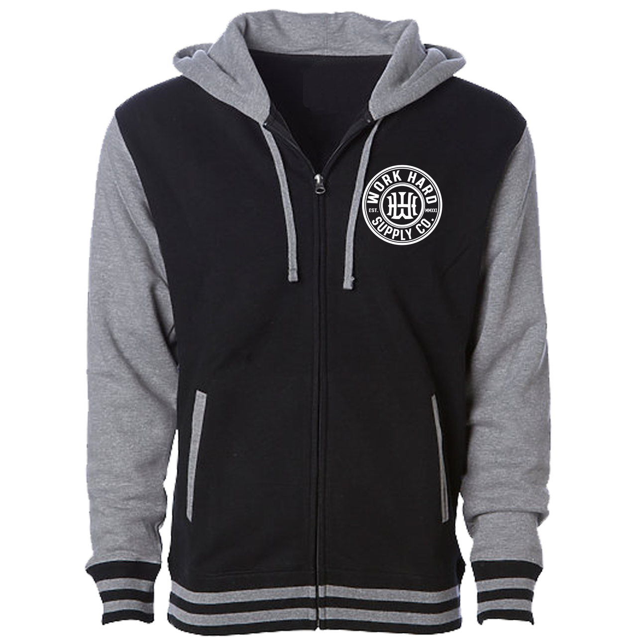 Varsity MonoGram Zip Hoodie-Work Hard Supply Co.